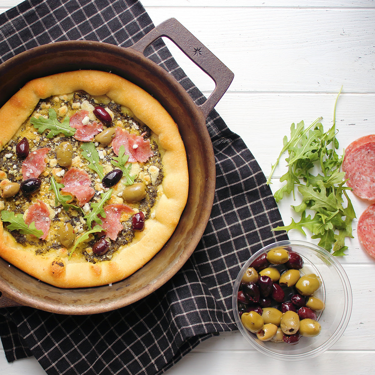 Salami Arugula Pesto Pizza