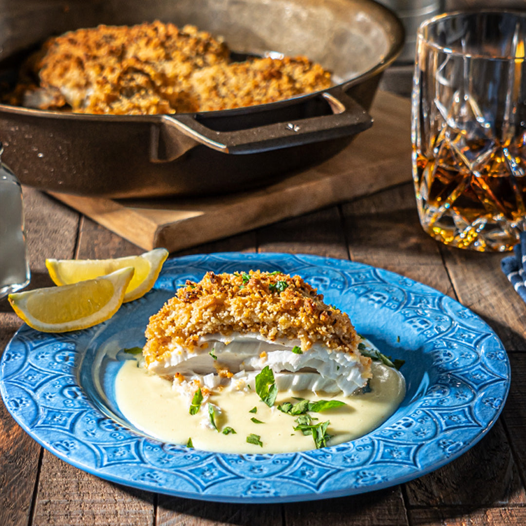 Buttery Cracker Crusted Halibut in Hollandaise Sauce