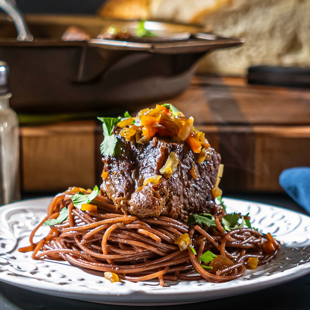Beef Short Ribs with Red Wine Infused Pasta