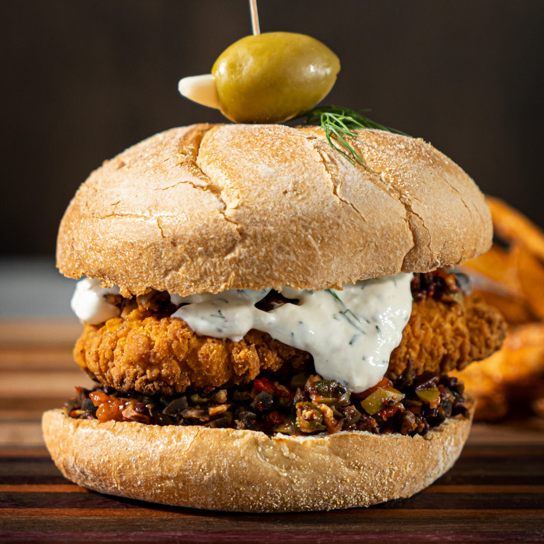 Fried Chicken Sandwich with Olive Tapenade and Feta-Dill Sauce