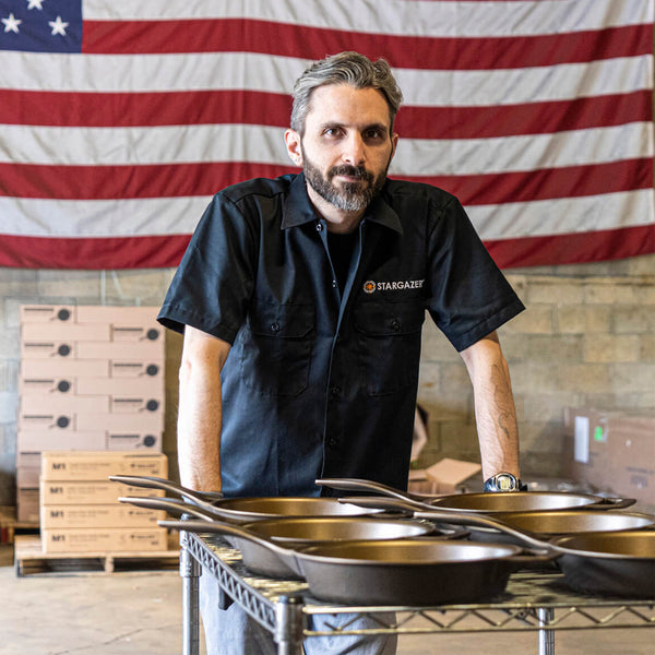 Stargazer cast iron skillet being crafted in the USA, showcasing high-quality American craftsmanship.