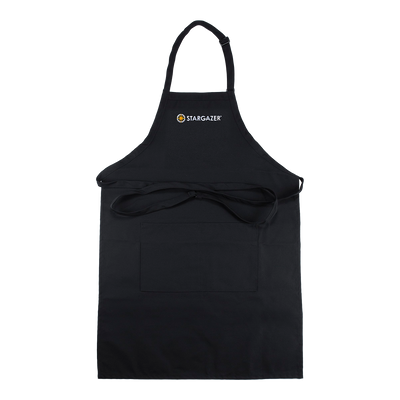 Stargazer embroidered logo apron - black, stain-resistant poly/cotton twill.