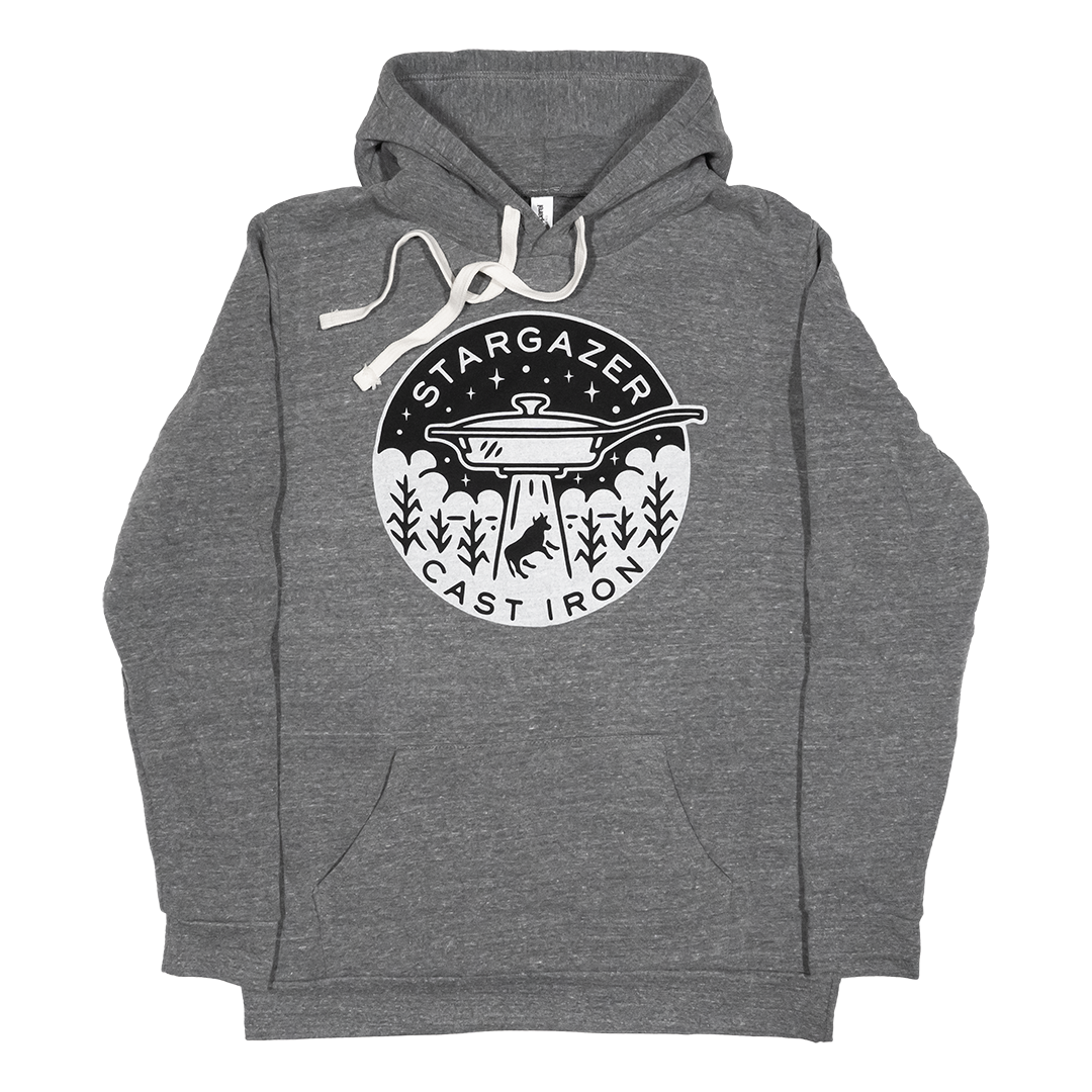 Skillet UFO Slim Hoodie - Heather Gray triblend fabric with graphic of a skillet UFO beaming up a cow in a cornfield.